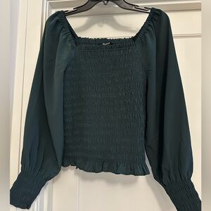 Madewell Dark Green Smocked Blouse